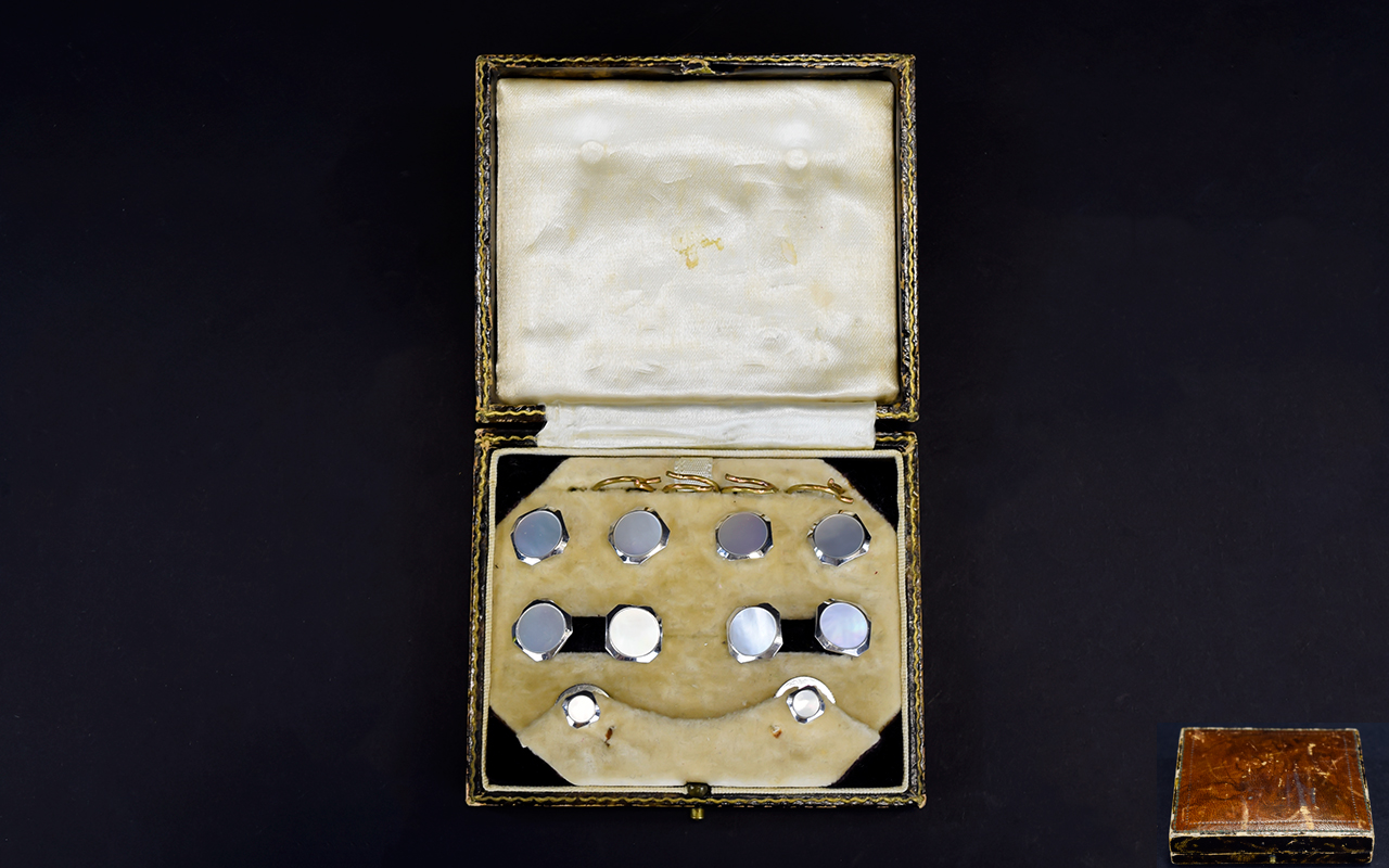 Art Deco Period - Boxed Set of 9ct White Gold Gentleman's Studs ( 10 ) In Total.