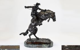 Frederic Remmington Large Bronze Sculpture Bronco Buster After The Original On Marble Base,