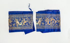 18/19thC Chinese Silk Sleeve Panels Finely Embroidered In Gold Thread, Depicting Dragons And