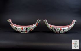 Maling - Art Deco Period Lustre Ware Stunning Pair of Gondola Shaped Bowls In The ' Harlequin '