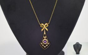 9ct Gold Edwardian Pendant Openwork Design, Central Round Amethyst Stone Between Seed Pearls,