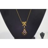 9ct Gold Edwardian Pendant Openwork Design, Central Round Amethyst Stone Between Seed Pearls,