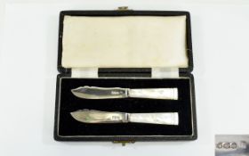 1940's Boxed Pair of Silver Bladed Butter Knives with Mother of Pearl Handles.