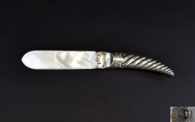 Victorian Period Silver and Mother of Pearl Bladed Letter Opener with Cornucopia Shaped Handle.