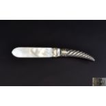 Victorian Period Silver and Mother of Pearl Bladed Letter Opener with Cornucopia Shaped Handle.