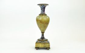 Napoleon III French Cloisonne Enamel Champleve and Marble Onyx Vase. Stands 12.25 Inches Tall.