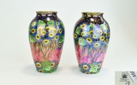 Maling - Fine Art Deco Period Pair of Lustre Ware Vases ' Daisy ' Design on Pink Ground. c.1930's.