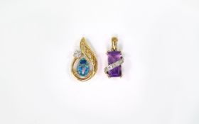 Two 9ct Gold Pendants, Set With Amethyst, Opal And Diamond Chips.
