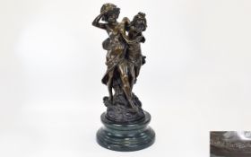 French 19th Century Signed and Impressive Tall Bronze Figure of Two Water Symbols Looking Down Into