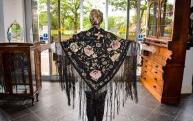 Antique Piano Shawl Late Victorian machine embroidered shawl on black silk ground.