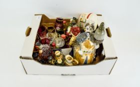 Box Of Misc Bar Items Comprising Shot Glasses, Miniature Spirits Some Pottery Figural Flasks,