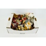 Box Of Misc Bar Items Comprising Shot Glasses, Miniature Spirits Some Pottery Figural Flasks,