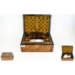 Victorian Marquetry Inlaid Sewing Box Dark wood inlaid box with intricate brass, bone,