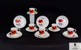 Wedgewood Bone China Susie Cooper ( 18 ) Piece Coffee Set ' Corn Poppy ' Design. c.1960's.