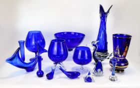 A Large Collection of Modern and Vintage Blue Glass Vases, Bowls,