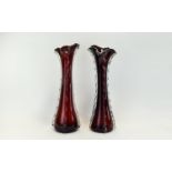 Murano - Pair of Hand Blown Tall Ruby Red Coloured Vases with Applied Clear Glass and Elongated