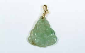 A Vintage and Nice Quality Jade Pendant In The Form of a Laughing Buddha with 9ct Gold Mount.