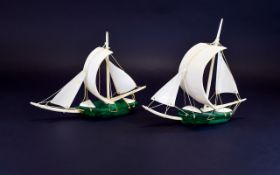 1920's Fine Pair of Handmade Malachite and Ivory Sailing Boats - Please See Photos. Each Boat 6.