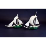 1920's Fine Pair of Handmade Malachite and Ivory Sailing Boats - Please See Photos. Each Boat 6.