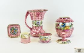 Maling Peony Rose Lustreware A collection of six rose and pearl lustre items in 'Peony Rose'