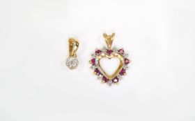 9ct Gold Heart Shaped Pendant Set With Alternating Rubies and Diamond Chips Together With a Small