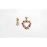 9ct Gold Heart Shaped Pendant Set With Alternating Rubies and Diamond Chips Together With a Small