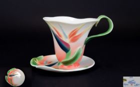 Franz Porcelain Collection Superb and Hand painted Stylised Cup and Saucer 'Bird of Paradise'