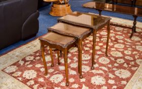 Vintage / Antique Nest of ( 3 ) Graduated Walnut Side Tables with Inlaid Glass Tops. 22.