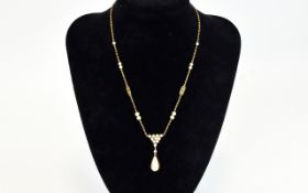 Ladies Vintage 9ct Gold and Pearl Set Necklace with Tear Drop Pearl. Marked 9ct.