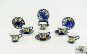 Maling - Art Deco Period Hand Painted Stunning Set of 6 Coffee Cups and Saucers In The Embossed