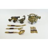 Small Collection of Metalware including flatware, canon, bird figure and dragon lidded pot.