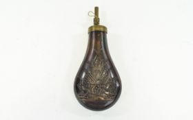 American - 19th Century Period Copper and Brass Powder Flask with Embossed Decoration of Cannons,