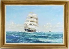 A Large Contemporary Painting of 19thC Galleons on the HIgh Seas Oil on Canvas, unsigned . Framed.