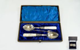 A Pair of Silver Hallmarked Cufflinks + a Hallmarked Silver Pickle Fork and An Edwardian Boxed Set