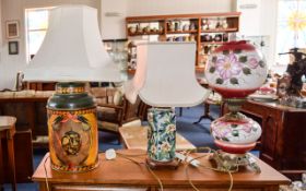 A Collection Of Table Lamps Three in total to include reproduction oil lamp with ornate metal base