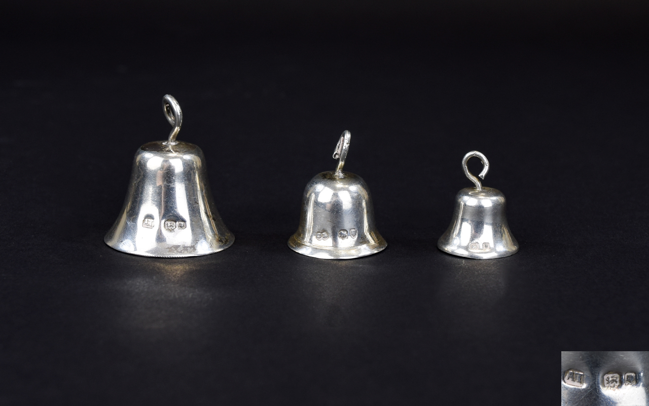 A Vintage Set of 3 Miniature Silver Bells In Graduated Form,