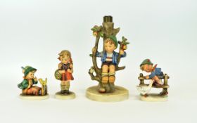 Hummel Figures ( 4 ) In Total. Including a Boy on a Swing, Lamp Base.