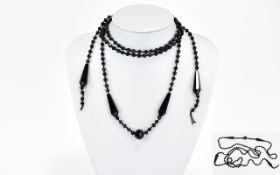 Victorian - Whitby Black Jet - Very Long Beaded Necklace with Elongated Tear Drop Spacers.