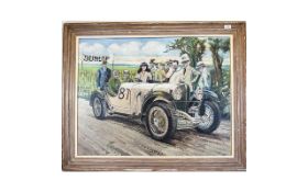 Motor Racing Interest Art Deco Large Oil On Canvas Depicting The 1931 Brescia 1000 Mile Road Race