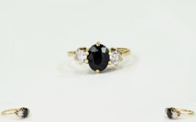 Ladies 9ct Gold Set 3 Stone DIamond and Sapphire Dress Ring. Fully Hallmarked.