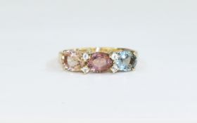 9ct Gold Dress Ring Set With 3 Coloured Stones Between Round Cut Diamonds Spacers