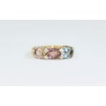 9ct Gold Dress Ring Set With 3 Coloured Stones Between Round Cut Diamonds Spacers