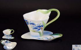 Franz Porcelain Collection Superb and Handpainted stylized cup and saucer 'Bluebell' design FZ00875.
