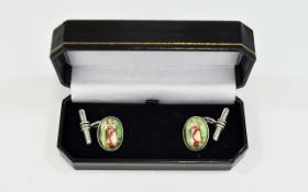 Pair Of Gents Silver Cufflinks The Oval Enamelled Fronts Showing Golfing Bags,