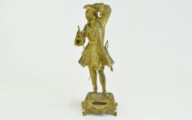 French Late 19th Century Impressive Gilt Bronze Figure of a ' Marquis ' with Staff, Raised on an