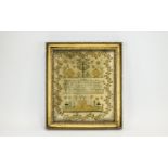 Regency Period Framed Needlework/Linen Cross Stitch Sampler by Jane Fennah dated August 4-1812