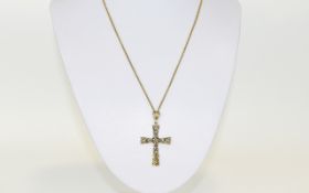 Antique - Ornate and Open Work 9ct Gold Cross with Diamond Inset On 9ct Gold Chain Marked 750.