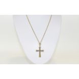 Antique - Ornate and Open Work 9ct Gold Cross with Diamond Inset On 9ct Gold Chain Marked 750.