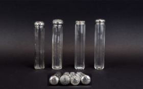 Victorian and Edwardian Period Ladies Dressing Table Silver Topped Glass Pin Jars ( 4 ) In Total.