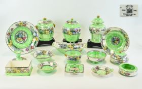 A Large Collection Of Maling Lustreware In Springtime Waved Green Border Pattern.